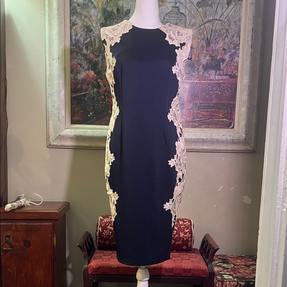 Armani Exchange Paris Navy Dress with Cream Lace Overlay Accents- Like New
